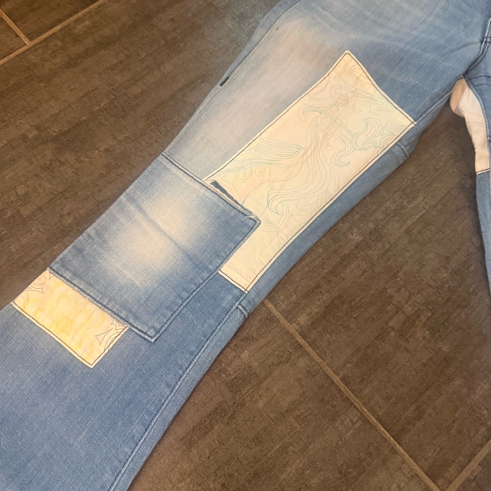 True Religion Light Blue Patchwork Flare Jeans with Cream Floral Details - Picture 8 of 13